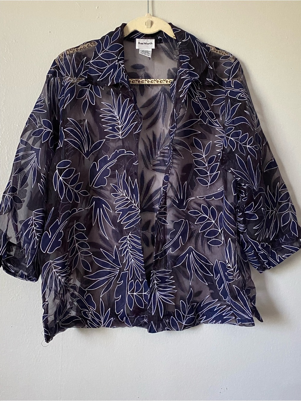 Vintage Bonworth Sheer Tropical Leaf  Button-up Blouse Women’s size XL